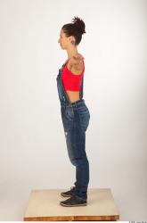 Whole body modeling pose blue jeans red singlet of Rebecca